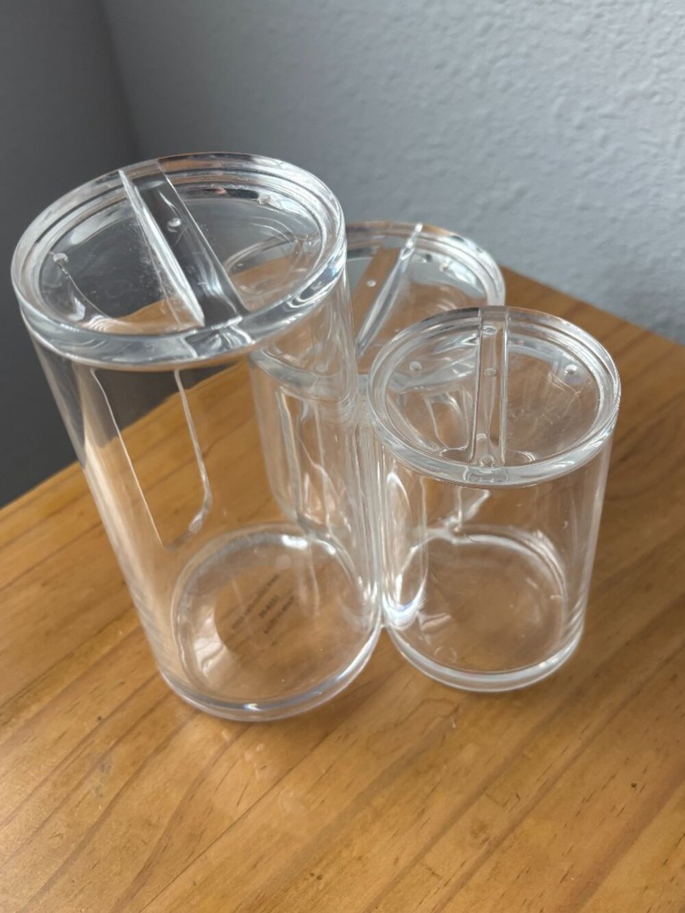 Caboodles Clear Acrylic 3 Cylinder Bathroom Organizer Jars Lids Cotton Swabs